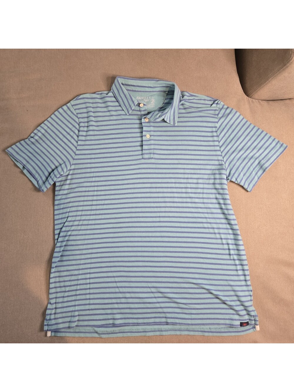 Faherty Isle Polo Shirt Mens Large Blue Stripe 100% Cotton Jersey Casual Top